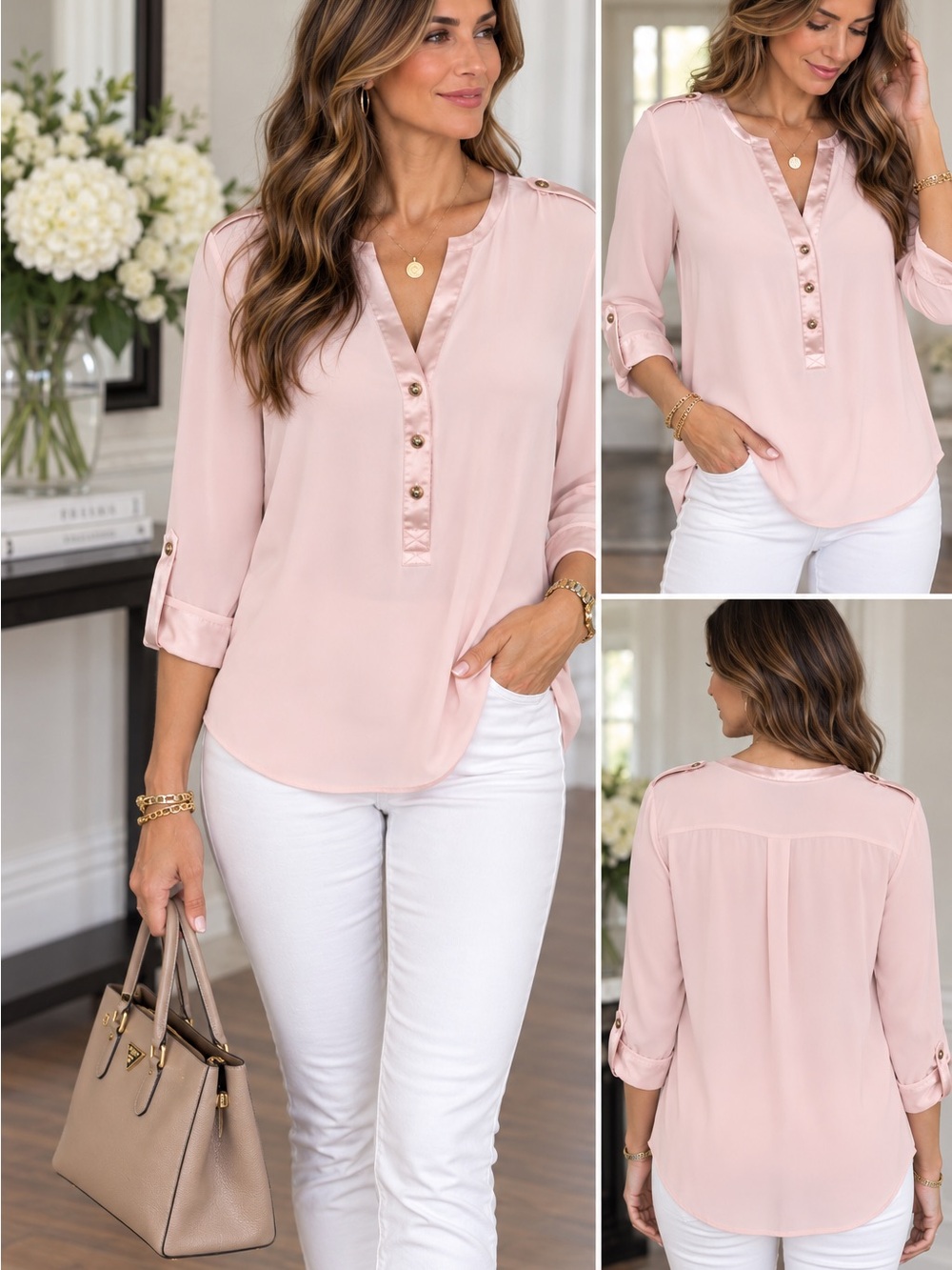 White House Black Market Soft Blush V-Neck Button-Trim Blouse